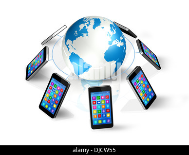 3D Smartphones um Weltglobus, isoliert auf weiss - globale Kommunikations-Konzept Stockfoto