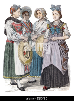 Ende des 19. Jahrhunderts XIX 1800 s Elsass von (links nach rechts) Kochersberg, Schlettstadt, Colmar und Oberseebach Kostüme Stockfoto