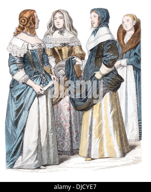 17. Jahrhundert XVII1600s (von links nach rechts) englischen Adligen Dame, französische Damen aus Paris-Rouen-Dieppe. Stockfoto