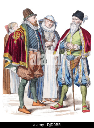 16. Jahrhundert XVI 1500er Jahren Deutsch Kostüme (links nach rechts) Frau Rostock, Hofrat und Ehefrau von Wismar und Mann aus Diethmarschen Stockfoto