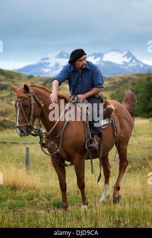 Gaucho sitzt auf Pferd bereit für eine Fahrt. Patagonia.Chile Stockfoto