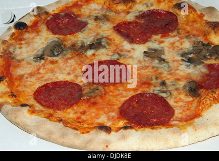 Pizza mit Salami und Pilzen im Holzofen gekocht Stockfoto