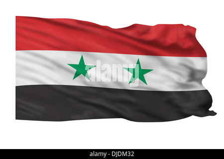 Flagge von Syrien fliegt hoch in den Himmel. Stockfoto