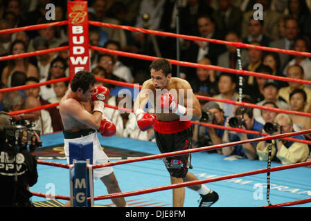 5. Juni 2004; Las Vegas, NV, USA; OSCAR DE LA HOYA (weiße Hose) Niederlagen FELIX STURM durch einstimmigen Beschluss. De La Hoya ist der erste Kämpfer, je 6 Titel in 6 Gewichtsklassen gewinnen. Sturm fast aufgeregt De La Hoya geplanten Megafight mit Bernard Hopkins, so dass De La Hoya er bewältigen konnte für 12 Runden Samstagabend vor dem coming out auf der Verliererseite Ende eine schmale aber einstimmig Stockfoto