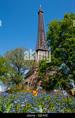 Eiffelturm aus einem Garten im Frühjahr Stockfoto