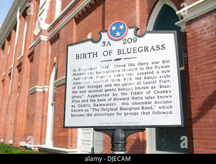 Geburt des Bluegrass Schild das Ryman Auditorium in Nashville, TN Stockfoto