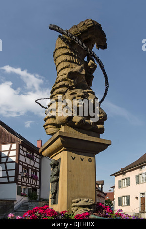 Brunnen im alten Stadt Zentrum von Überlingen, Baden-Württemberg, Deutschland, Europa Stockfoto