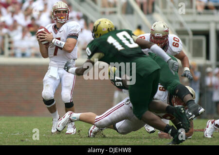 13. Januar 2004 - Tallahassee, Florida, USA - 26. September 2009: Florida State Quarterback Christian Ponder (7) bereitet sich auf den Ball im ersten Quartal zu werfen. Die University of South Florida Bulls gewann 17-7 in diesem Mittag Spiel im Doak S. Campbell Stadium in Tallahassee, FL. (Credit-Bild: © Southcreek Global/ZUMApress.com) Stockfoto