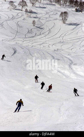 20. Februar 2008 - Gulmarg, Kaschmir, Indien - Konkurrenten Praxis Skifahren am Hang in Gulmarg im Laufe des 2. Tages der nationalen Winterspiele in Gulmarg, 55 km (34 Meilen) westlich von Srinagar, 20. Februar 2008. Teilnehmer aus verschiedenen indischen Bundesstaaten konkurrieren im Wintersport in der fünften Auflage der Spiele. (Kredit-Bild: © Altaf Zargar/ZUMA Press) Stockfoto