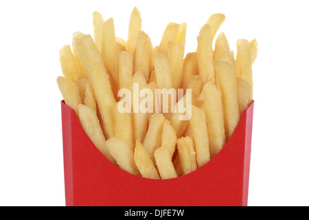 Pommes frites in einer Box, isoliert auf weißem Hintergrund Stockfoto