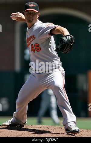 16. Juni 2010: San Francisco, Kalifornien: San Francisco Giants Gastgeber der Baltimore Orioles. Baltimore Orioles Start Krug Jeremy Guthrie (46) Stellplätze gegen die San Francisco Giants. Baltimore Orioles Start Krug Jeremy Guthrie (46) Giants gewinnen das Spiel 6: 3. (Kredit-Bild: © Dinno Kovic/Southcreek Global/ZUMApress.com) Stockfoto