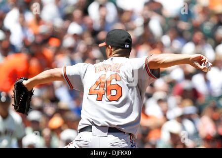 16. Juni 2010: San Francisco, Kalifornien: San Francisco Giants Gastgeber der Baltimore Orioles. Baltimore Orioles Start Krug Jeremy Guthrie (46) Stellplätze gegen die San Francisco Giants. Baltimore Orioles Start Krug Jeremy Guthrie (46) Giants gewinnen das Spiel 6: 3. (Kredit-Bild: © Dinno Kovic/Southcreek Global/ZUMApress.com) Stockfoto