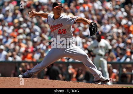 16. Juni 2010: San Francisco, Kalifornien: San Francisco Giants Gastgeber der Baltimore Orioles. Baltimore Orioles Start Krug Jeremy Guthrie (46) Stellplätze gegen die San Francisco Giants. Baltimore Orioles Start Krug Jeremy Guthrie (46) Giants gewinnen das Spiel 6: 3. (Kredit-Bild: © Dinno Kovic/Southcreek Global/ZUMApress.com) Stockfoto