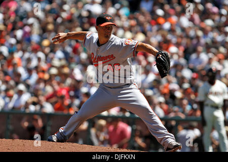 16. Juni 2010: San Francisco, Kalifornien: San Francisco Giants Gastgeber der Baltimore Orioles. Baltimore Orioles Start Krug Jeremy Guthrie (46) Stellplätze gegen die San Francisco Giants. Baltimore Orioles Start Krug Jeremy Guthrie (46) Giants gewinnen das Spiel 6: 3. (Kredit-Bild: © Dinno Kovic/Southcreek Global/ZUMApress.com) Stockfoto