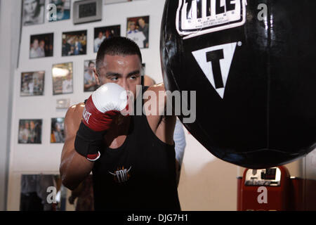 14. Juli 2010 - Dallas, Texas, USA - leichte Boxer ROCKY JUAREZ klappt für die Medien und Fans in der Maple Street Boxing Gym in Vorbereitung für seinen Kampf am 31 Juli in Las Vegas gegen Jorge Linares.  (Kredit-Bild: © Robert Hughes/ZUMApress.com) Stockfoto