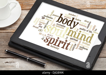 Geist, Körper, Geist und Seele - Wortwolke auf einem digitalen tablet Stockfoto