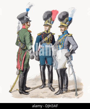 Anfang des 19. Jahrhunderts von links nach rechts Militärpolizei Artillerie-Offizier und Leutnant XIX bayerischen Militär Stockfoto