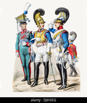 Anfang des 19. Jahrhunderts von links nach rechts Lancer, Leibwächter, Corps Offizier und Trompeter XIX bayerischen Militär Stockfoto