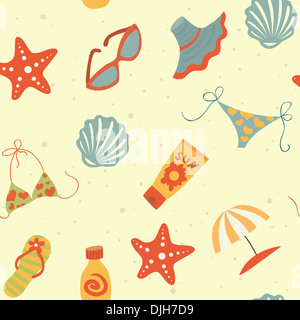 Strand, Sommer, Muster, Vektor, Abbildung, Creme, Lotion, Meer, nahtlose, Shell, Sonnenbrand, Sonne, Hut, Sonnenbrille, Sterne, Regenschirm Stockfoto