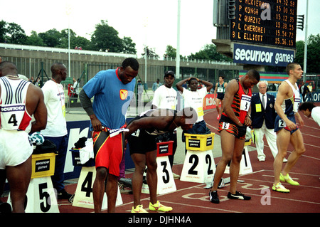 Britische 100m Sprinter Linford Christie im Wettbewerb bei der Securicor Spiele im Crystal Palace, London 1996 Stockfoto