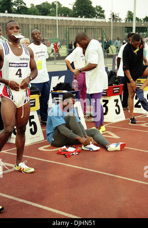 Britische 100m Sprinter Linford Christie im Wettbewerb bei der Securicor Spiele im Crystal Palace, London 1996 Stockfoto