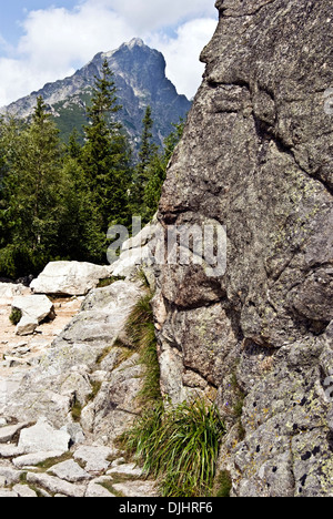 Lomnicky Stit Höhepunkt von Lomnicka Vyhlidka Sicht auf Tatranska Magistrale Wanderweg zwischen Hrebienok und Skalnate Pleso in der hohen Tatra Stockfoto