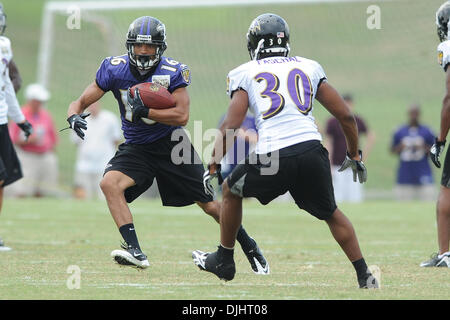 3. August 2010 - Westminster, Maryland, Vereinigte Staaten von Amerika - 3. August 2010: Baltimore Ravens Wide Receiver David Reed (16) schneidet vorbei Baltimore Ravens Cornerback Marcus Pascha (30) während Ravens Trainingslager am McDaniel College in Westminster, MD... Obligatorische Credit: Russell Tracy / Southcreek Global (Kredit-Bild: © Southcreek Global/ZUMApress.com) Stockfoto