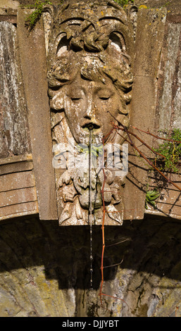 Weibliche Brunnen Kopf Schlussstein über einen Pool, entworfen von Edwin Lutyens in Hestercombe Gärten in der Nähe von Taunton Somerset UK Stockfoto