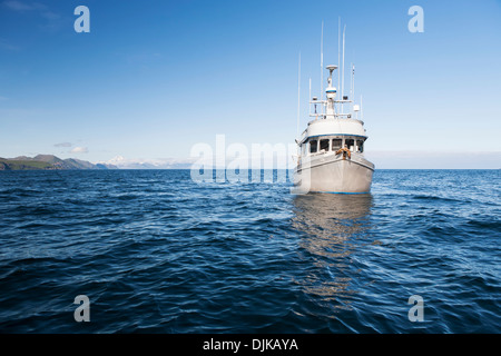 Die F/V Glück Taube kommerzieller Heilbutt fischen In Ikatan Bay in der Nähe von False Pass auf Unimak Island, Südwest-Alaska, Sommer. Stockfoto