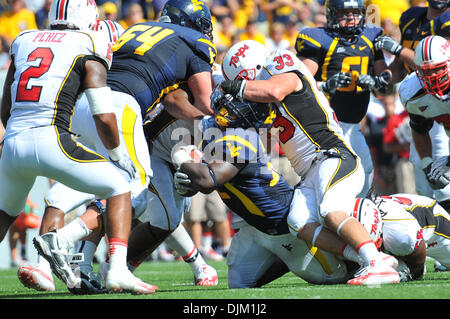 18. September 2010 - Morgantown, West Virginia, Vereinigte Staaten von Amerika - Westvirginia Ryan Clarke von Marylands Alex Wujciak in Angriff genommen wird.  West Virginia besiegte Maryland mit einem Score von 31 bis 17. (Kredit-Bild: © Brian befreit/Southcreek Global/ZUMApress.com) Stockfoto