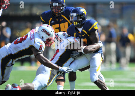 18. September 2010 - Morgantown, West Virginia, Vereinigte Staaten von Amerika - Westvirginia Noel Devine von Marylands Kenny Tate in der zweiten Hälfte des Spiels am Samstag in Angriff genommen wird.  West Virginia besiegte Maryland mit einem Score von 31 bis 17. (Kredit-Bild: © Brian befreit/Southcreek Global/ZUMApress.com) Stockfoto