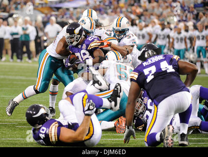 19. September 2010 kämpft - Minneapolis, Minnesota, Vereinigte Staaten von Amerika - Minnesota Vikings Runningback Adrian Peterson #28 für weitere Birdie gegen die Miami Dolphins im 2. Quartal.  Die Delphine besiegte die Wikinger 14-10 im Mall of America Field. (Kredit-Bild: © Marilyn Indahl/Southcreek Global/ZUMApress.com) Stockfoto