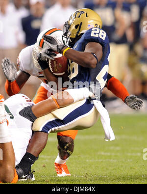 23. September 2010 - Pittsburgh, Pennsylvania, Vereinigte Staaten von Amerika - 23. September 2010: Pittsburgh Panther RB Dion Lewis (#28) wird für einen kurzen Gewinn durch eine sehr harte Miami laufen Verteidigung bei Heinz Field in Pittsburgh Pennsylvania gestoppt. Miami schlägt Pittsburgh 31-3. (Kredit-Bild: © Paul Lindenfelser/Southcreek Global/ZUMApress.com) Stockfoto