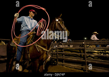 3. Oktober 2008 warten ihr Kalb von seiner Rutsche zu brechen, während Team roping Schaltung-Haltestelle National Senior Pro Rodeo Association in Las Vegas - Las Vegas, Nevada, USA - Cowboys.  Männliche und weibliche Rodeo Interpreten Alter 40 plus konkurrieren für NSPRA Preisgeld in sanktionierten Veranstaltungen das ganze Jahr über 20 US-Bundesstaaten und drei kanadischen Provinzen. (Kredit-Bild: © Brian Cahn/ZUMA P Stockfoto