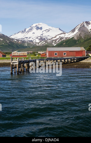 Die Stadt von False Pass auf Unimak Island, das erste der Aleuten-Insel-Kette, Südwest-Alaska, Sommer. Stockfoto