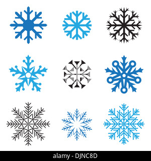 Verschiedene einfache Schneeflocken für Design auf weißem Hintergrund Stockfoto
