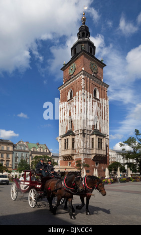 Pferd & Trap vorbei Wieza Ratuszowa, 13. Jahrhundert Rathaus turm, Rynek Glowny, Marktplatz, Altstadt, Krakau, Polen Stockfoto