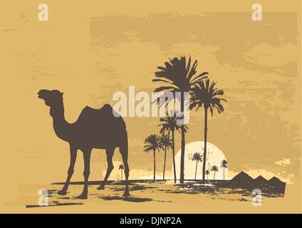 Vektor-Illustration eines Sonnenuntergangs in der afrikanischen Wüste. Kamel und Palmen auf Grunge Hintergrund Stock Vektor