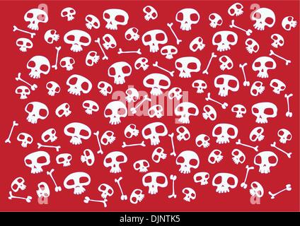 Muster aus lustigen Schädel und Knochen auf leuchtend roten Hintergrund. Vektor-illustration Stock Vektor