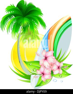 Vektor-Illustration des funky Sommer Insignia mit Palme, Hibiskusblüten und Surfbrett Stock Vektor