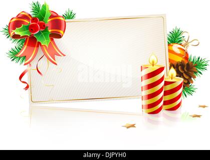 Vektor-Illustration von Weihnachten Zierrahmen immergrünen Zweigen, rote Schleife, Tannenzapfen, Holly Blätter und Beeren Stock Vektor