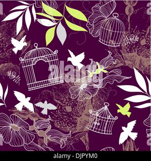 Vögel und Vogelkäfige. Nahtlose Muster Stock Vektor