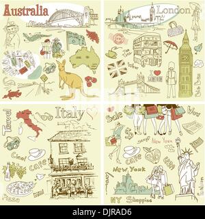 Italien, England, Australien, USA - vier wunderbaren Sammlungen von handgezeichneten Kritzeleien Stock Vektor