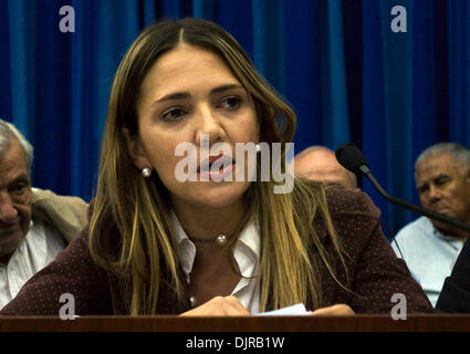 Tucuman, Argentinien. 29. November 2013. Die amtliche Verteidiger Vanesa Lucero beteiligt sich im Rahmen einer Anhörung der Studie "Jefatura II-Arsenales", wegen Verbrechen gegen die Menschlichkeit während der letzten Militärdiktatur in Tucuman, Argentinien, Argentininan am 29. November 2013. Bildnachweis: Julio Pantoja/TELAM/Xinhua/Alamy Live-Nachrichten Stockfoto