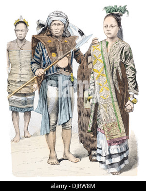Ende des 19. Jahrhunderts XIX 1800er Jahren Borneo von links nach rechts Frau, Krieger, Prinzessin Stockfoto