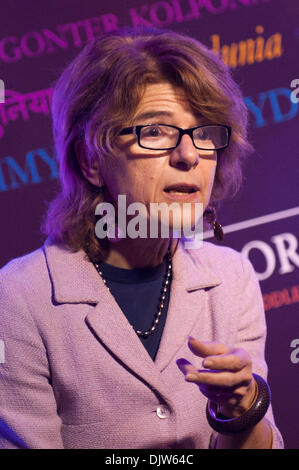 Hay-on-Wye, Wales, UK. 30. November 2013. Vicky Pryce, Ex-Frau des Politikers Chris Huhne und Autor von Prisontronics, im Gespräch mit Journalisten Erwin James-Autor ein Innenleben und die Zielgerade. Prisontronics wurde von Frau Pryce nach den Erfahrungen der Umhüllung einer kurzen Haftstrafe in Holloway Gefängnis für den Lauf der Gerechtigkeit pervertiert geschrieben. Bildnachweis: Graham M. Lawrence/Alamy Live-Nachrichten. Stockfoto