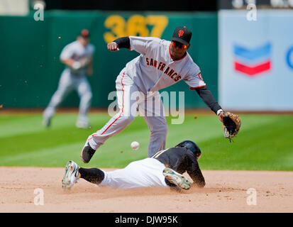 22. Mai 2010: Oakland Athletik Center Fielder Rajai Davis (11) stiehlt zweites Standbein bei der San Francisco Giants Shortstop Edgar Renteria (16) während des Spiels zwischen deckt der Oakland As und die San Francisco Giants in der Oakland-Alameda County Coliseum in Oakland CA. Der A besiegt die Riesen 1-0. (Kredit-Bild: © Damon Tarver/Southcreek Global/ZUMApress.com) Stockfoto