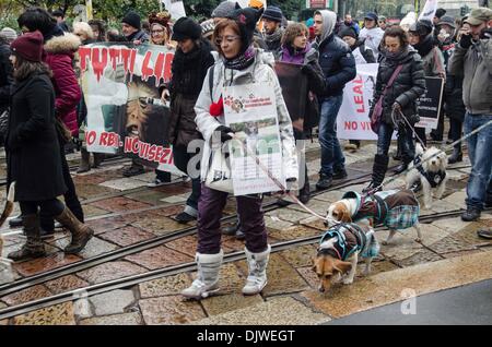 Mailand, Italien. 30. November 2013. Tierschützer protestieren gegen Tierversuche in Mailand. Aktivisten sagen Nein zu den Einsatz von Tieren in wissenschaftlichen Experimenten. Mailand, 30. November, 2013.Photo: Marco Aprile/NurPhoto Credit: Marco Aprile/NurPhoto/ZUMAPRESS.com/Alamy Live-Nachrichten Stockfoto