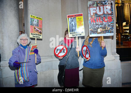 London, UK. 30. November 2013. Eine Gruppe von Anti-Pelz-Aktivisten halten Plakat gegen den Verkauf von Pelz Mäntel außerhalb Harvey Nochols und D & G in Knightsbridge in London. 30. November 2013, Foto von siehe Li / Alamy Live News Stockfoto