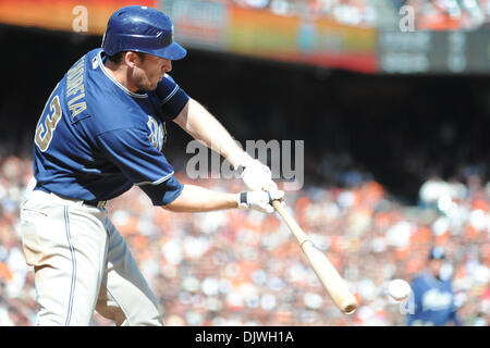 3. Oktober 2010 - San Francisco, Kalifornien, Vereinigte Staaten von Amerika - The San Diego Padres Chris Denorfia (13) an bat. Die San Francisco Giants gegen die San Diego Padres 3-0. (Kredit-Bild: © Charles Herskowitz/Southcreek Global/ZUMApress.com) Stockfoto